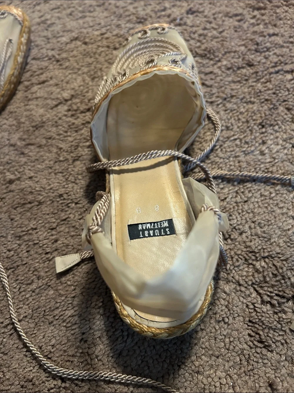 Stuart Weitzman Cream Embroidered Lace-Up Espadrilles